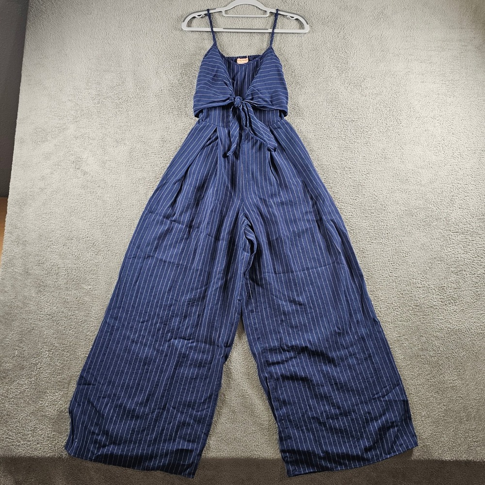Flying Tomato Navy Pinstripe Tie Front Cutout Wide Leg Jumpsuit XS